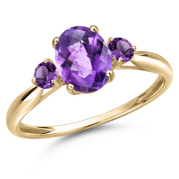 Gem Stone King 10K Yellow Gold Purple Amethyst 3-Stone Ring for Women | 1.40 Cttw | Oval Checkerboard 8X6MM | Gemstone February Birthstone | Size 9
