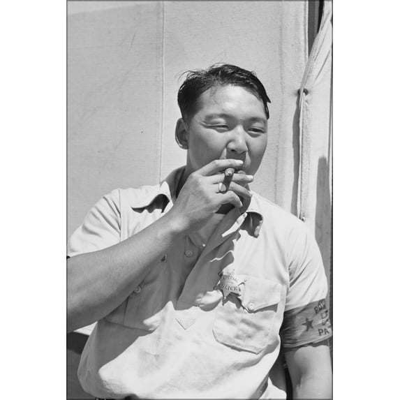 24"x36" Gallery Poster, A Japanese man smoking a cigar during Relocation 1945