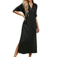 thumbnail image 4 of DYMADE Womens Summer Beach Roll Tab Long Sleeve Turn-down Collar Pockets Elastic Waist Shirt Dress, 4 of 5