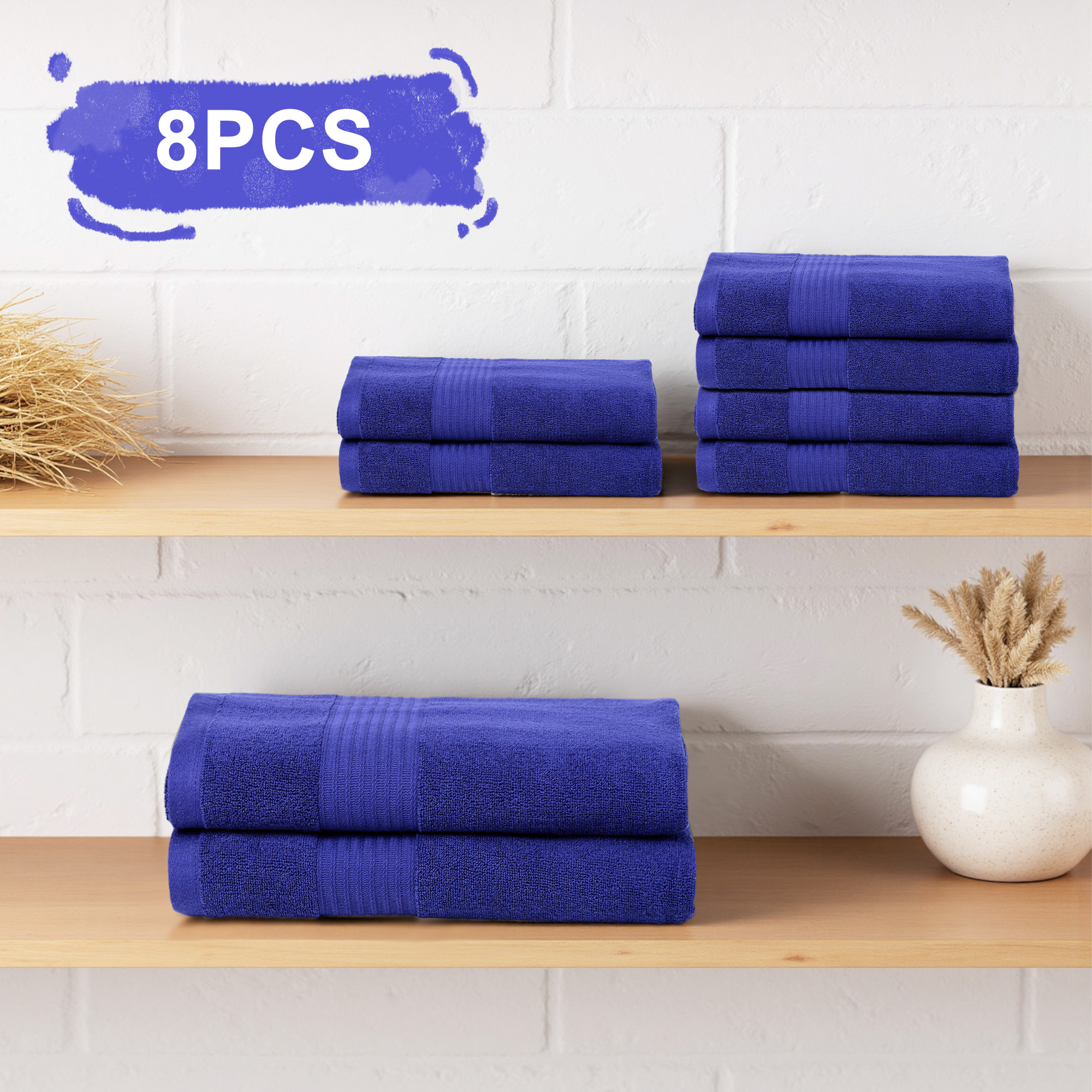 8 Piece Cotton Bath Towel Set, 2 Oversized Bath Towel, 2 Hand Towels & 4 Wash cloths Ideal for Spa, Hotel & Family Bathrooms, Navy Blue