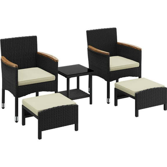Topeakmart 5-Piece Outdoor Wicker Conversation Set with Ottomans and Coffee Table, Set of 5, Black/Beige