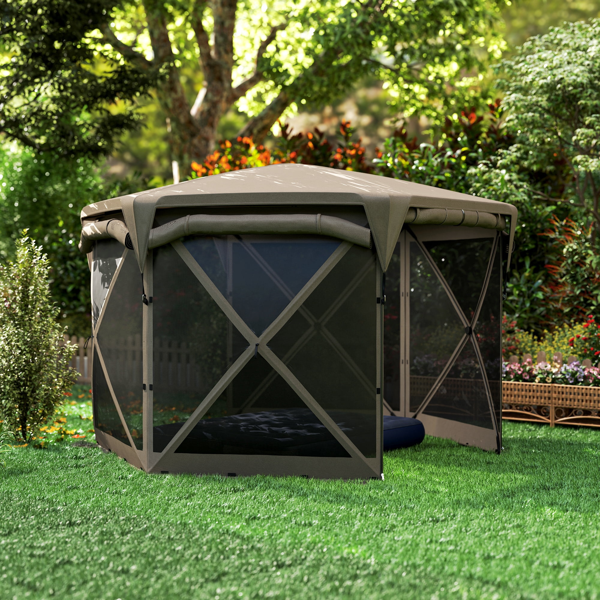 Outsunny 11 x 11ft Pop Up Gazebo Screen Tent with Removable Roof Cover, 4 Roll-up Wind Panels for Camping, Patio, Backyard, Lawn, Brown