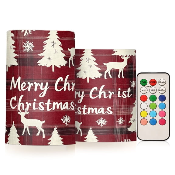 BZSMCE Flameless Candles LED Lights Christmas Dark Red Plaid Print with Reindeer Creativity Battery Candles