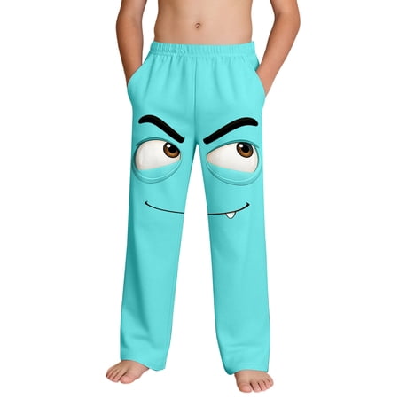 Kids Green Funny Face Pants Soft Stretch Wide Leg Sweatpants with Pockets Boys Cartoon Lounge Bottoms for Sleep and Play Size 12 T
