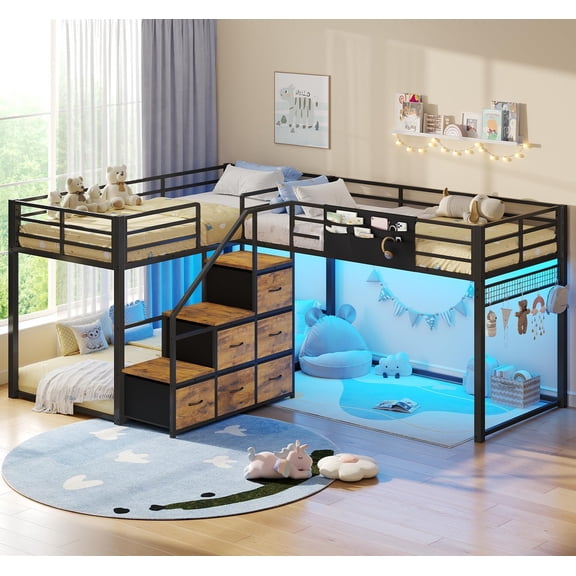 Toogaho Twin Quad Bunk Bed, L-Shaped Corner Metal Twin over Twin Bunk Bed Frame with Storage Stairs & LED Light & Guardrail,Brown