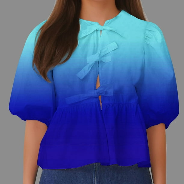 Fiudx Ofertas Relámpago Top de Camiseta con Cuello Redondo y Manga Farol Plisada con Lazo para Mujer