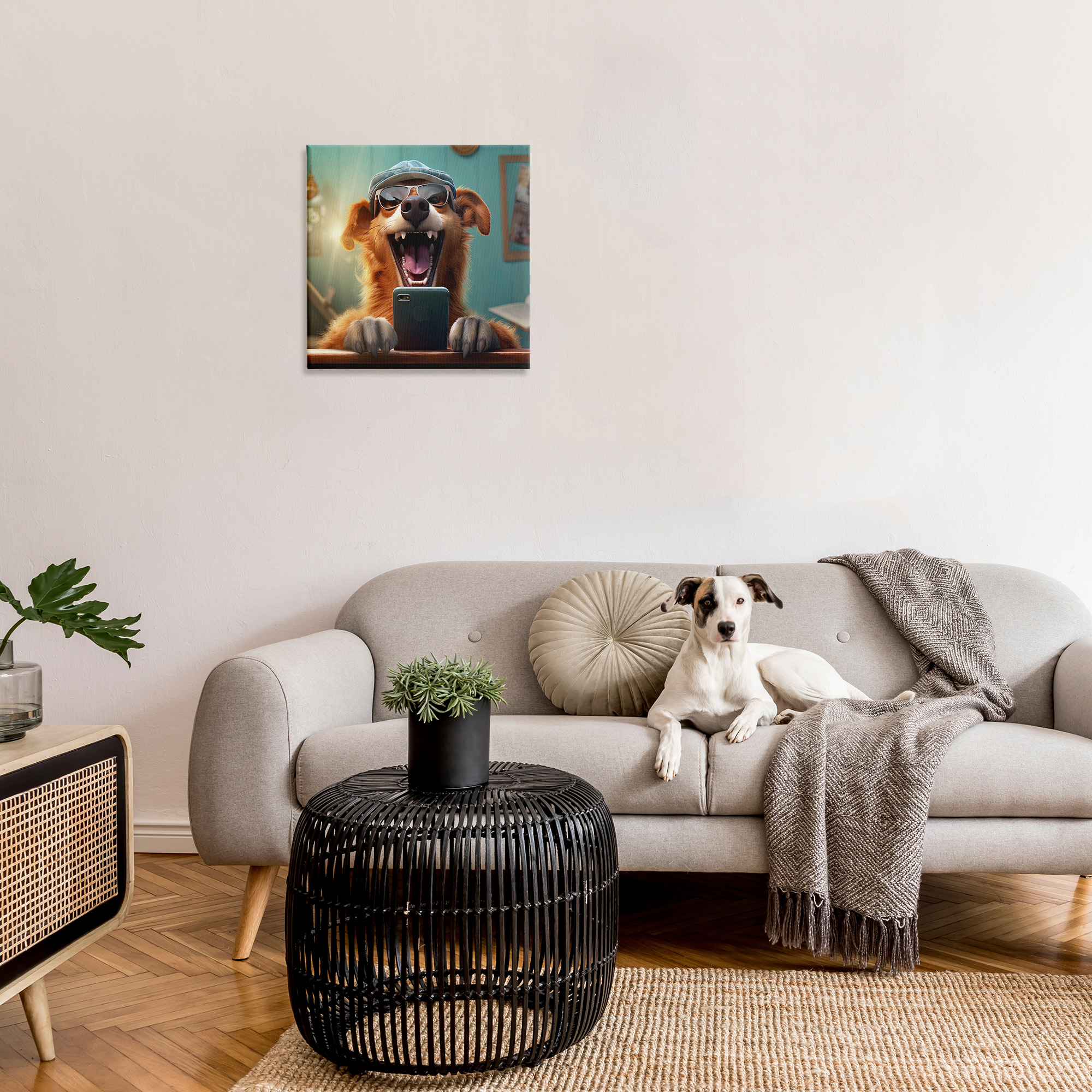 Stupell Industries Happy Dog on Cell Phone Animals & Insects Painting Gallery Wrapped Canvas Art Print Wall Art, 24 x 24