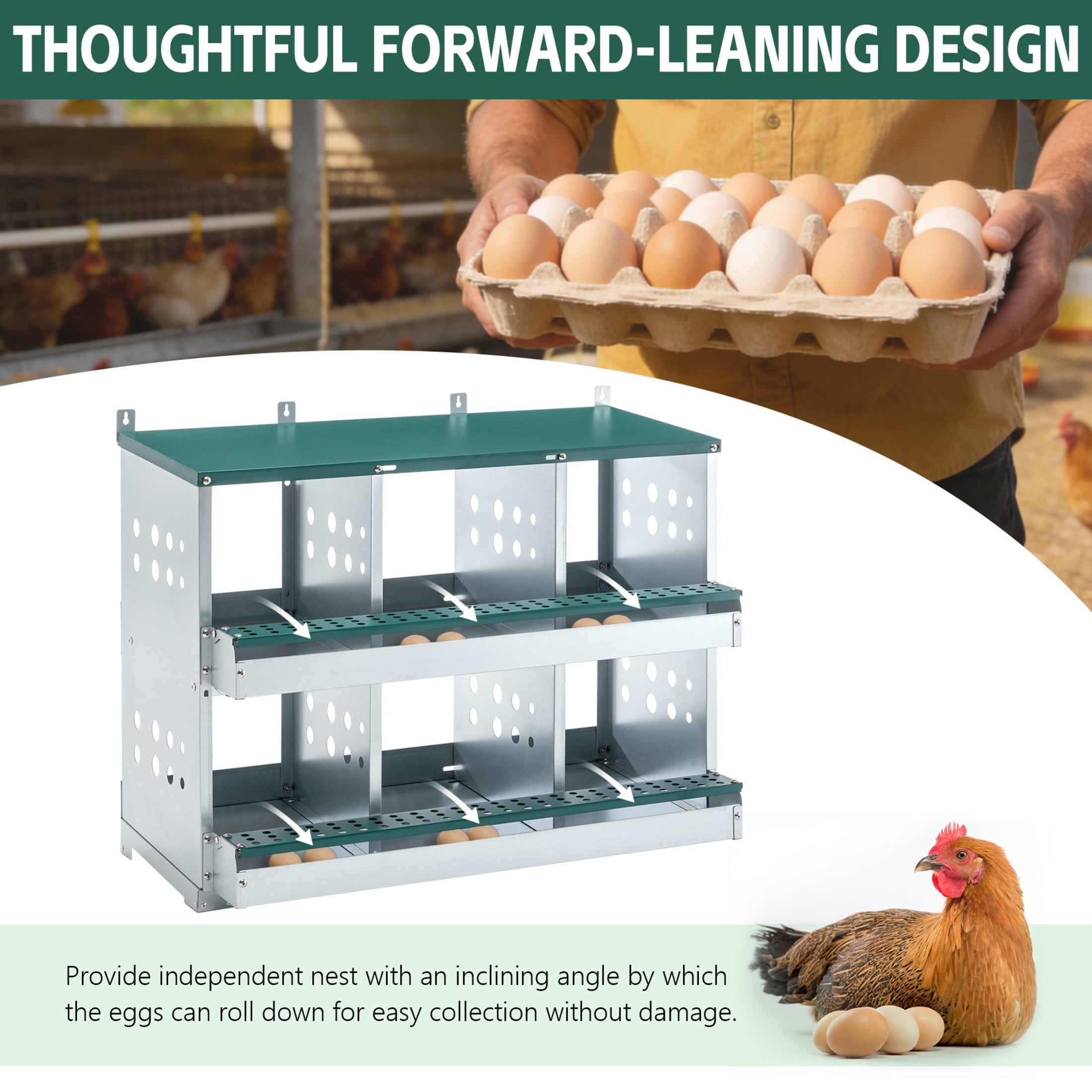 Noble House 6-Hole Steel Chicken Nesting Box with Sloped Roof and Egg Collection Incline, for Hens, Ducks, Green