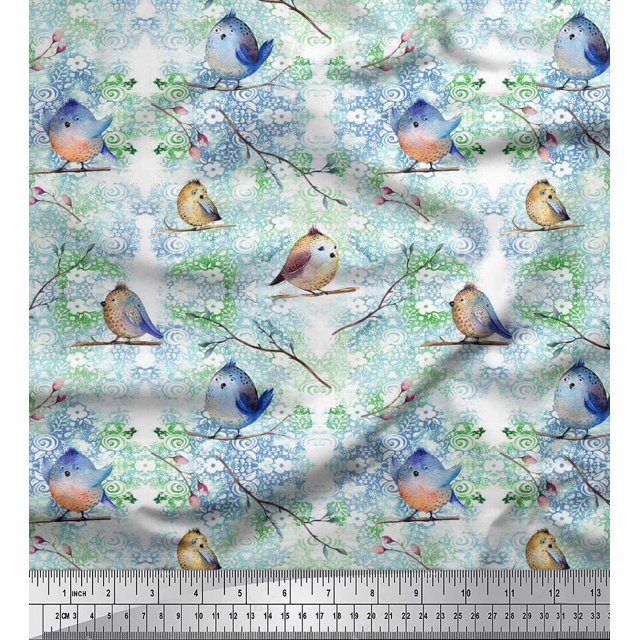 Soimoi Poly Georgette Fabric Branch & Bird Artistic Print Sewing Fabric Yard 52 Inch Wide