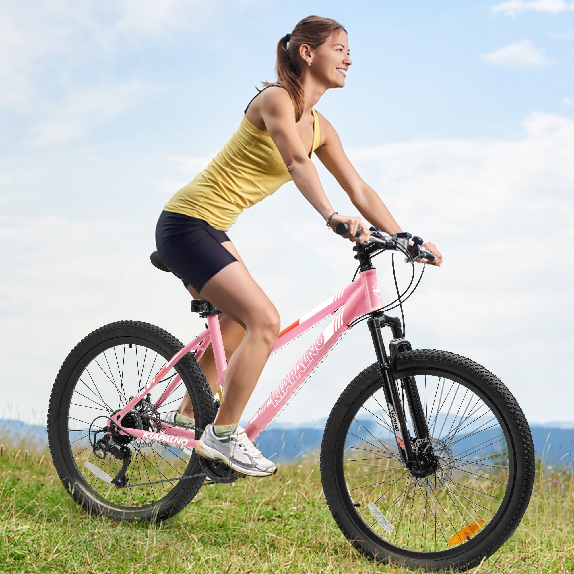 Ecarpat 24 Inch Mountain Bike, Disc Brakes 21 Speeds Women Mens Bike, Steel Frame and Suspension Fork, Adult and Teens Sport Bicycle for Urban Trail Snow Commuter Pink