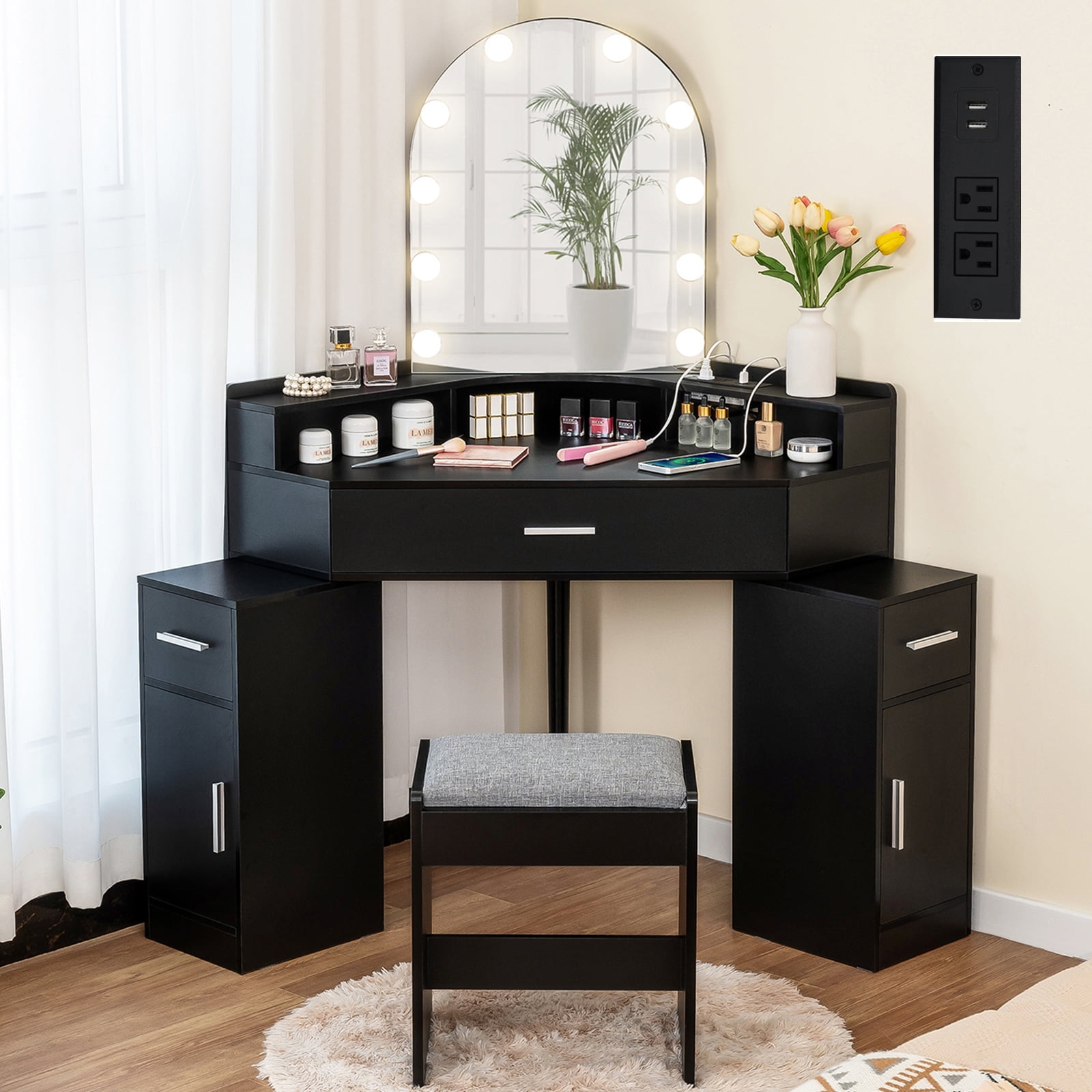 usikey Corner Vanity Set with Fan-Shaped Mirror and Charging Station 