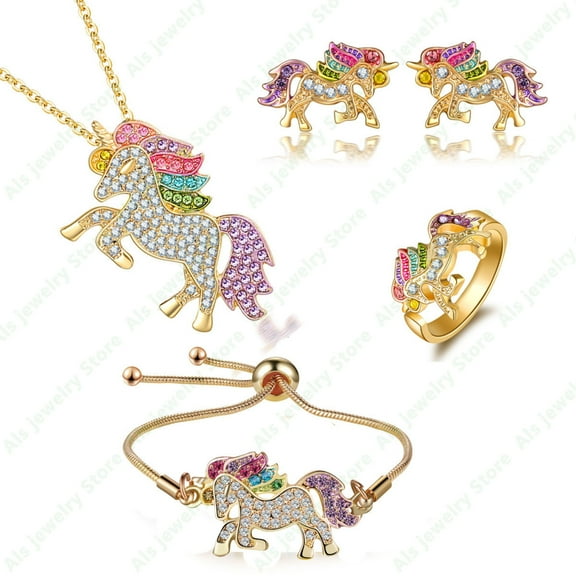 Rainbow Horse Necklace Bracelet Earrings Ring Jewelry Set Birthday S925 Silver Rainbow Wildebeest Gifts for Woman Jewelry 4 Pack