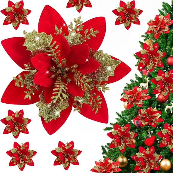 10 Pcs Glitter Poinsettia 5.5" Artificial Flowers Christmas with Clips Stems Xmas Tree Ornaments for Wedding Party Wreath Decoration