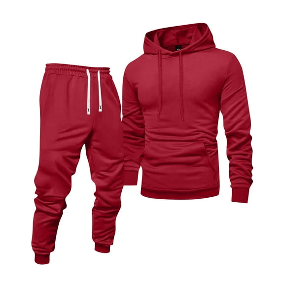 Dwelliawo Sweat Suits for Men 2 Piece Hoodie and Sweatpants Solid Color Fleece Pullover Hoodies Jogging Sport Pant Set Relaxed Fit Winter Suit with Pockets Red L
