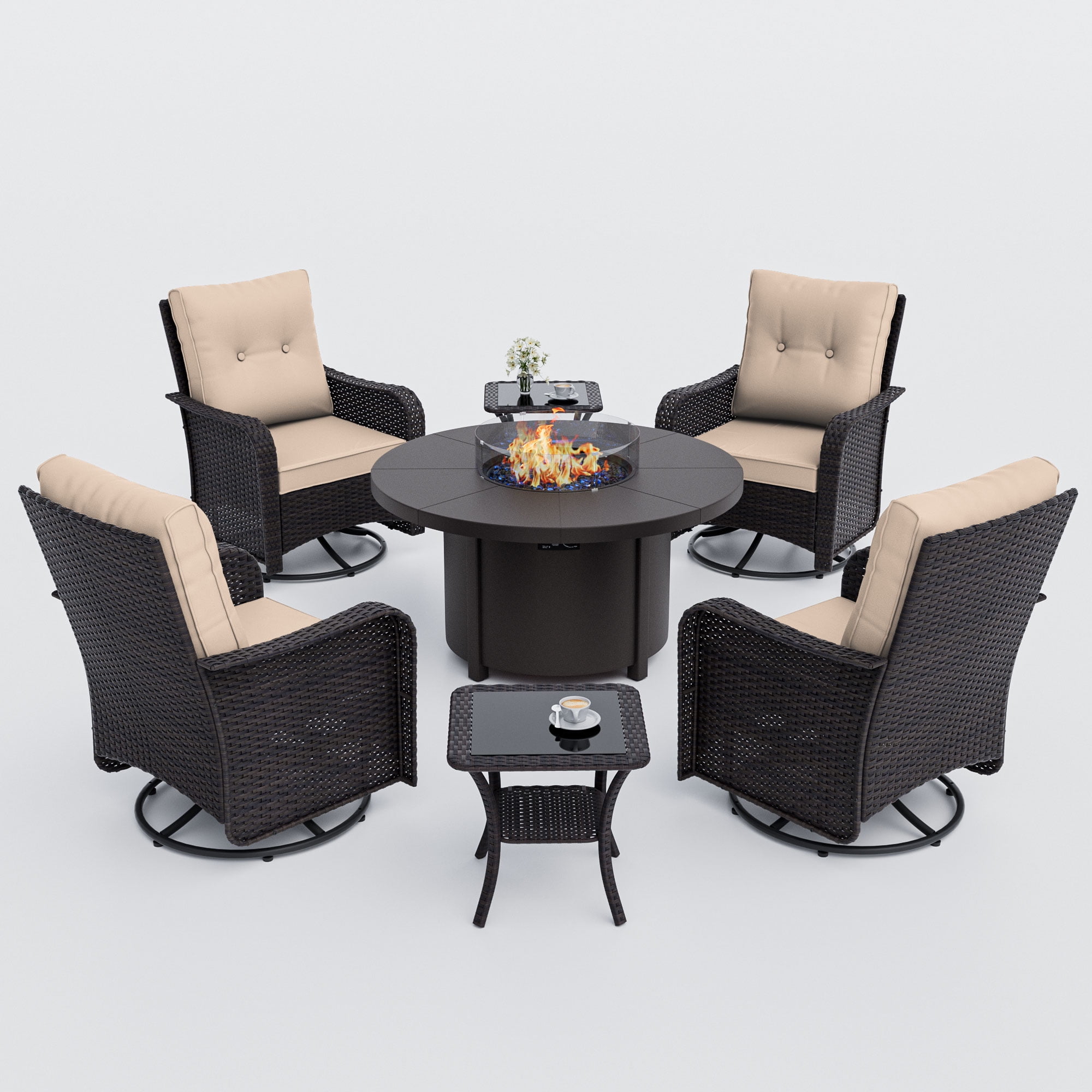 Kullavik 7 Pieces Outdoor Patio Furniture Set with 40000 BTU Round Fire Pit Table,PE Wicker Rattan Swivel Arm Chair Set, Patio Conversation Sets,Sand