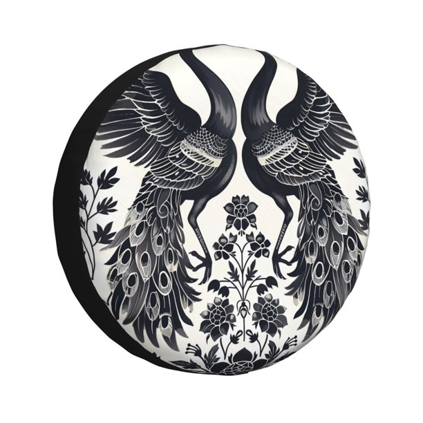 Fotbe Artistic Black White Peacocks Funda de Llanta de Repuesto con Estampado, Engrosada, Ajuste Universal para Jeep, Remolque, RV, SUV, Camión-16 inch