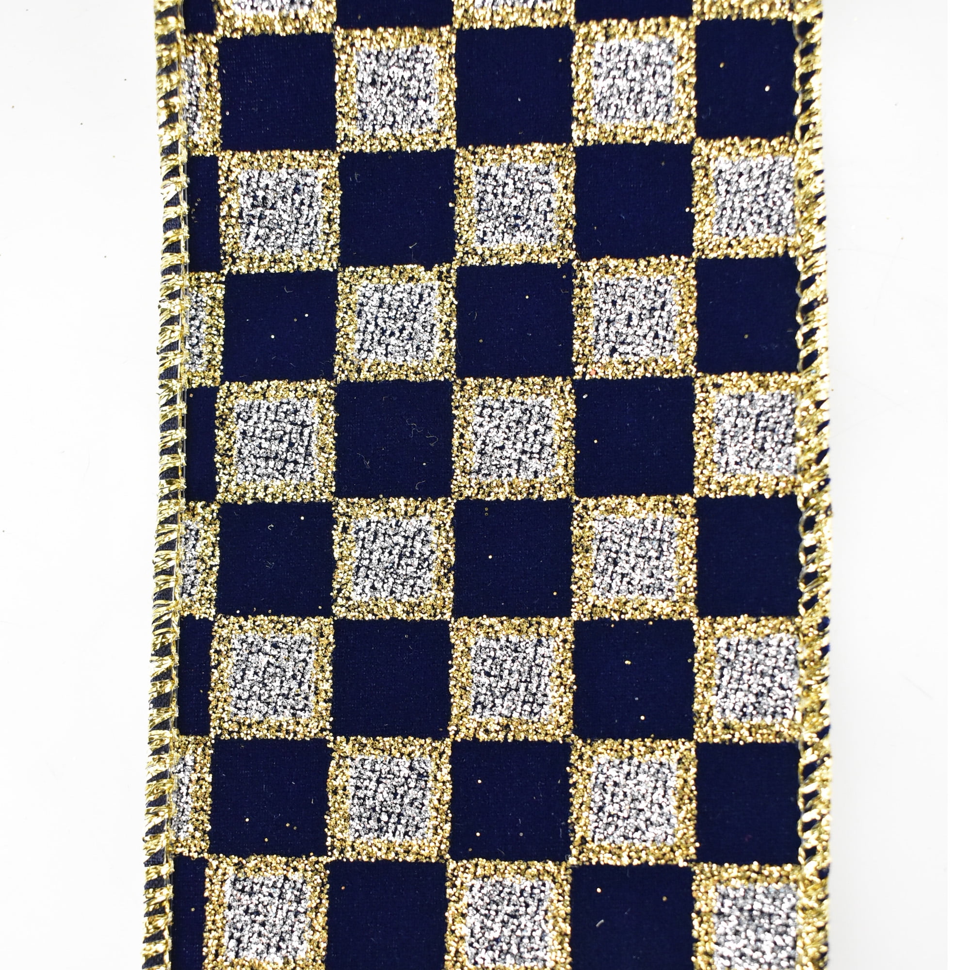 Glittered Checker Board Wired Ribbon, 2-1/2-Inch, 10-Yard - Navy Blue/Silver