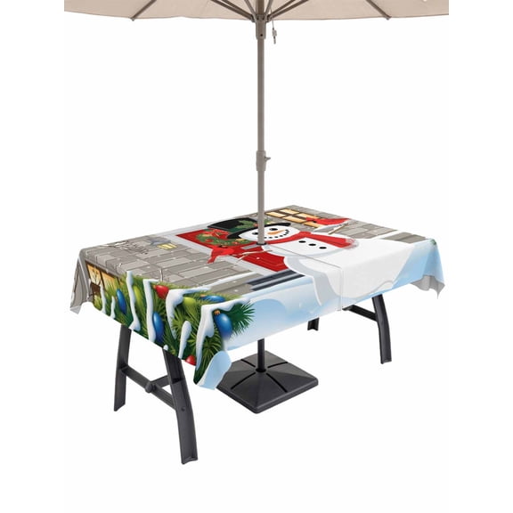 Outdoor Tablecloth with Umbrella Hole and Zipper, Christmas Snowman Rectangle Table Cloth 52x70 Inch Waterproof Tablecloth, Winter Cardinal Xmas Trees Snowflakes Picnic Table Cover for Patio Camping