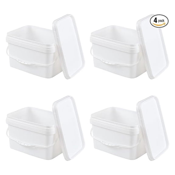 4 Pack 3 Gallon Rectangle Plastic Bucket with Lid, Square Utility Food Bucket Pail with Lid and Handle, White