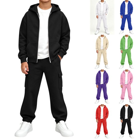 Husipze Boys 2 Piece Fleece Solid Sweatsuit Set Zip Hooded Sweatshirts and Straight Leg Joggers Fall Winter Clothing Set Black 5-6 Years