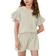 thumbnail image 2 of DGQPLPD Girls Summer Casual Playwear Two Piece Set Comfortable Round Neck Short Sleeve Top and Elastic Waist Shorts Outfit for Toddler Kids 10-11 Years Beige, 2 of 8