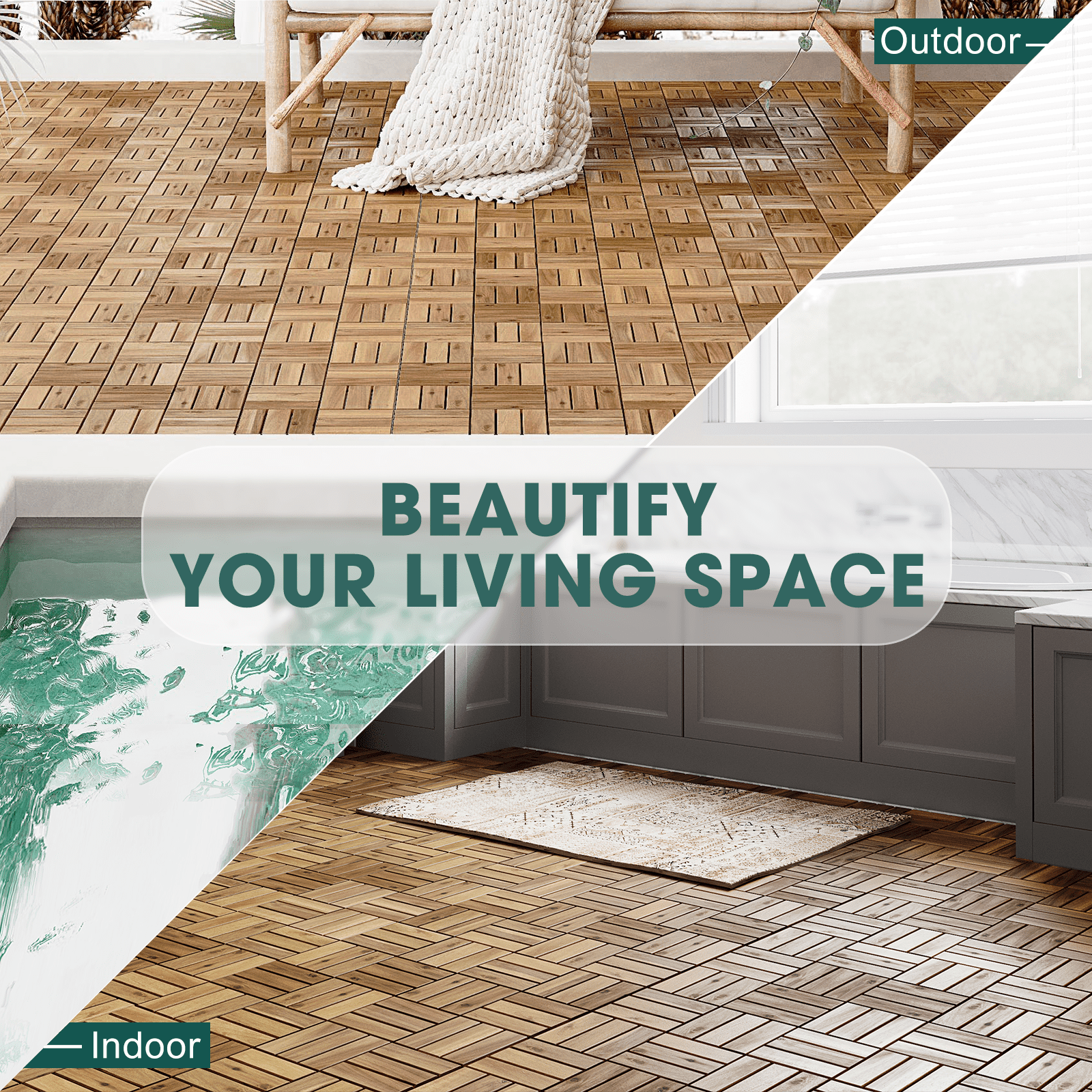 Interlocking Deck Tiles - 10 Pieces Waterproof Acacia Wood Patio Tiles, Flooring Tiles for Both Indoor and Outdoor - Decking 12 Slats, Golden Teak, 12 x 12 x 0.9 inches