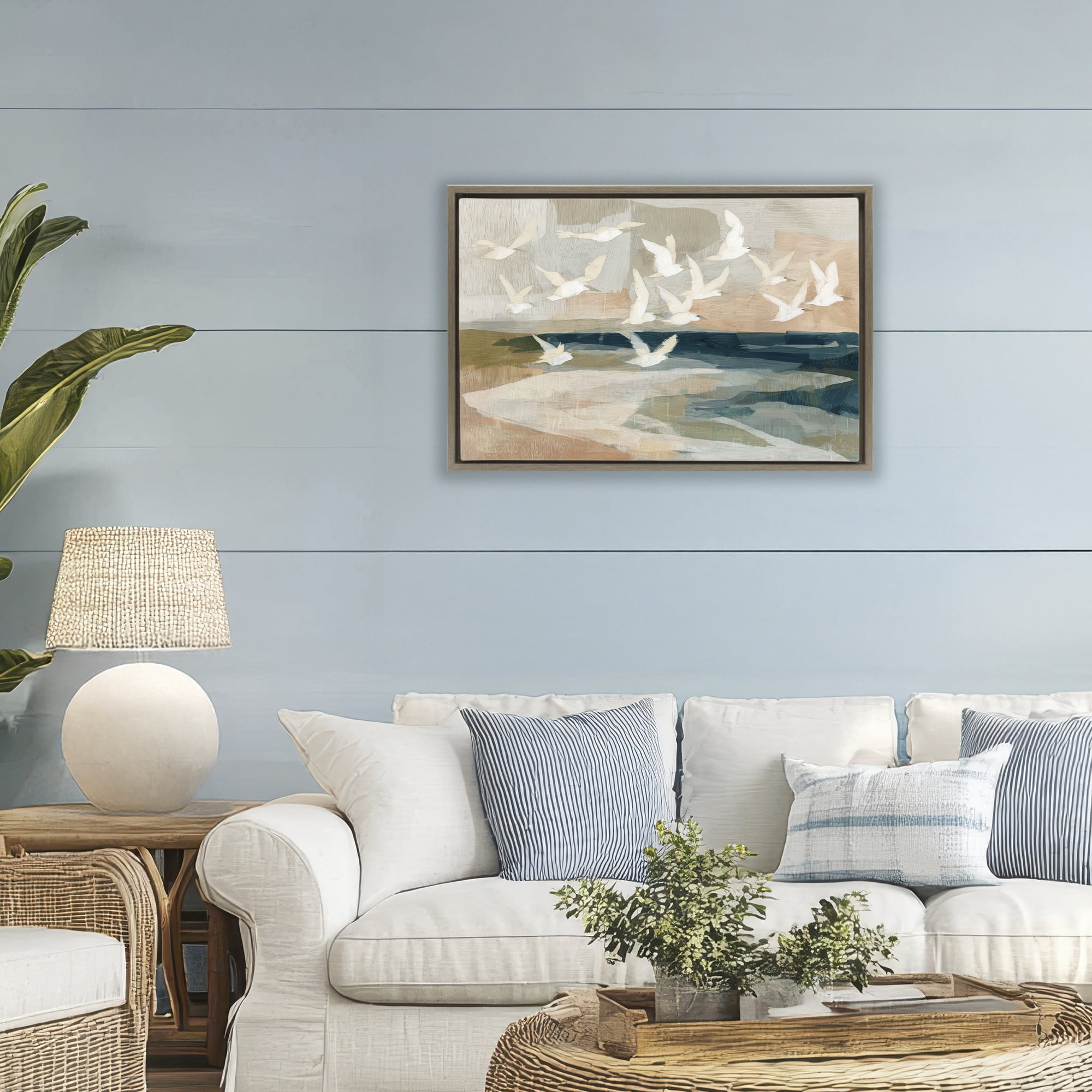 Stupell Industries Birds in Flight Over Water Brown Framed Floater Canvas Wall Art, design by Chromatic Storm Studio