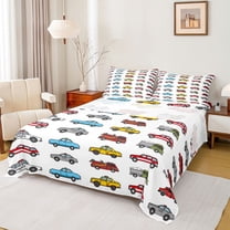 Manfei Traffic Vehicle Twin Sheet Sets,Kawaii Car Twin Fitted Sheet,White Blue Red Flat Sheet For Boys,Breathable Home Decor,3-Piece
