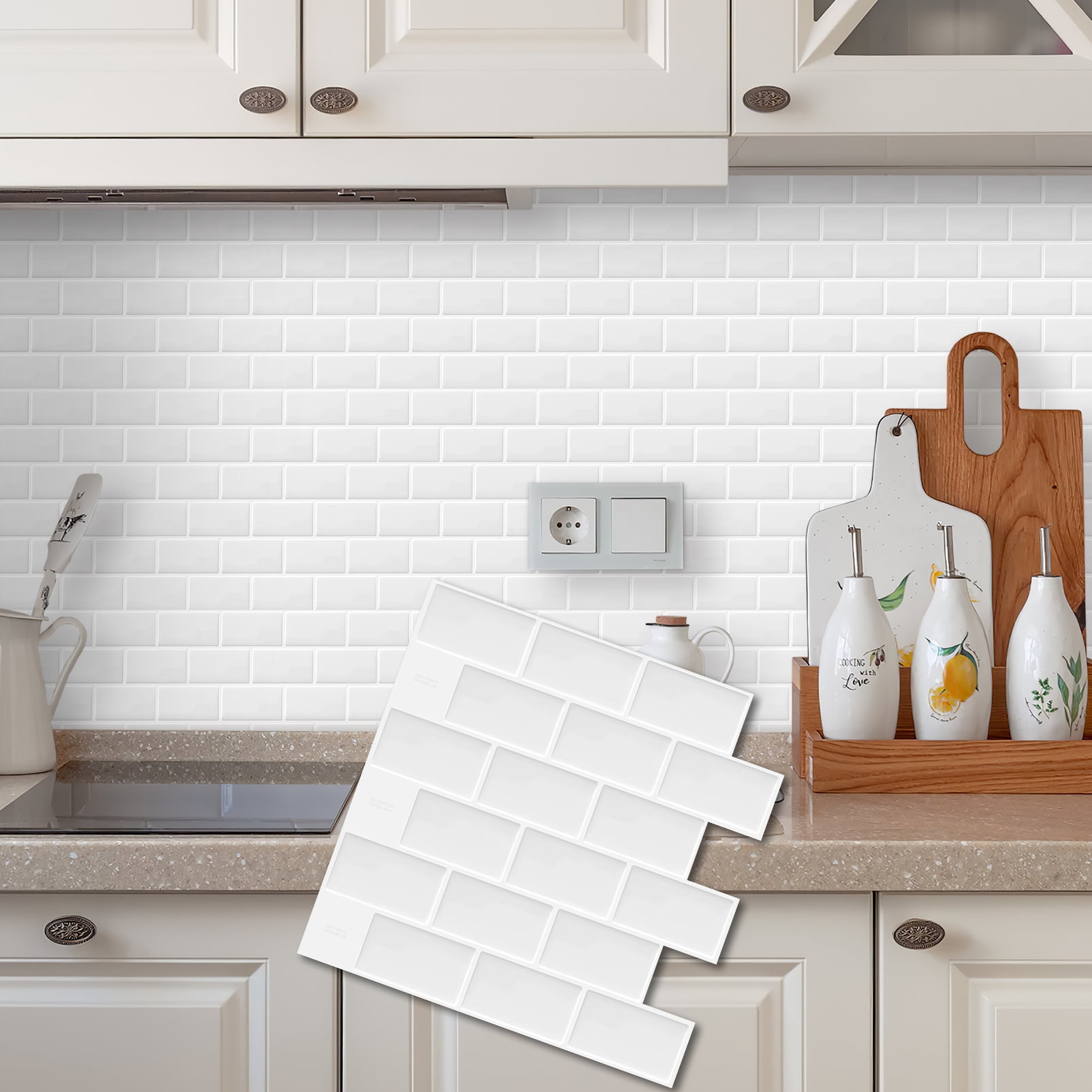 DEWOO Peel and Stick Backsplash - 10 Sheets of 12"×12" - 3D Adhesive Peel and Stick Tile Backsplash for Kitchen, Bathroom, Wall Tile, White