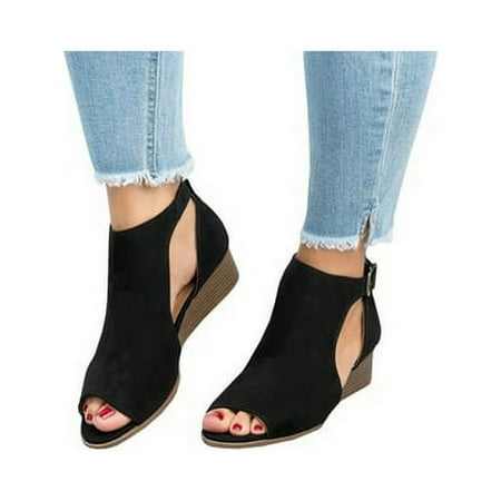 

Womens Summer Peep Toe Sandals Low Wedge Heel Ankle Booties