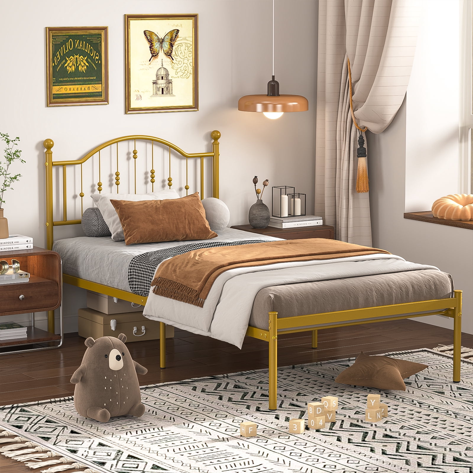 Yoneston Kids Twin Metal Platform Bed Frame with Vintage Headboard No Box Spring Need for Kids Teens, Antique Gold