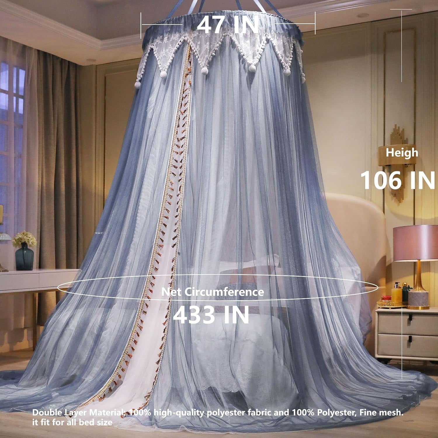 Girls and Adults Canopy Bed, Elegant Double-Layer Bed Curtain, Children's Dream Round Lace Mosquito Net, Princess Canopy Net - Fits Twin, Full, Queen, and King Beds (White/Blue)