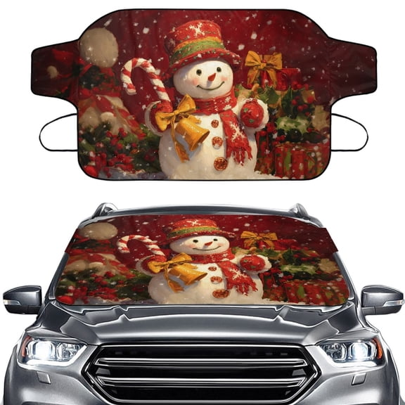 Xoenoiee Christmas Snowmman Candy Bell Bow Print Car Windshield Snow Cover, Christmas Decoration Weatherproof Winter Accessories for Ice & Sleet Winter, Sun, Frost, Universal Fits for Truck SUV Van