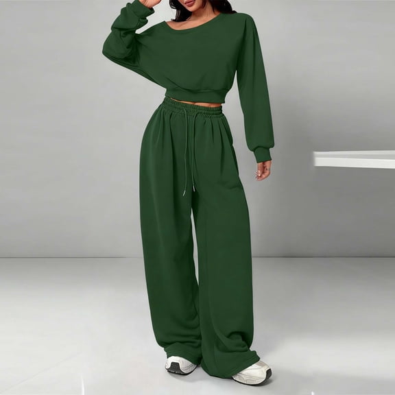 LEKWK Womens Sweatsuits 2 Piece Set Off The Shoulder Long Sleeve Cropped Sweatshirt and Wide Leg Sweatpants for Fall Winter Workout Activewear