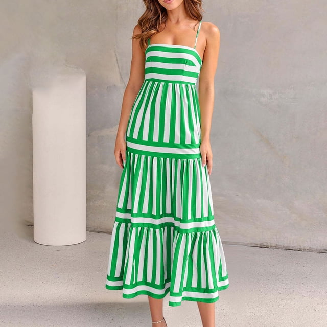 Neewe Robe d'Été à Bretelles Spaghetti pour Femme, Rayée, Décontractée, Coupe Ample, Bretelles Ajustables, Sans Manches, Maxi