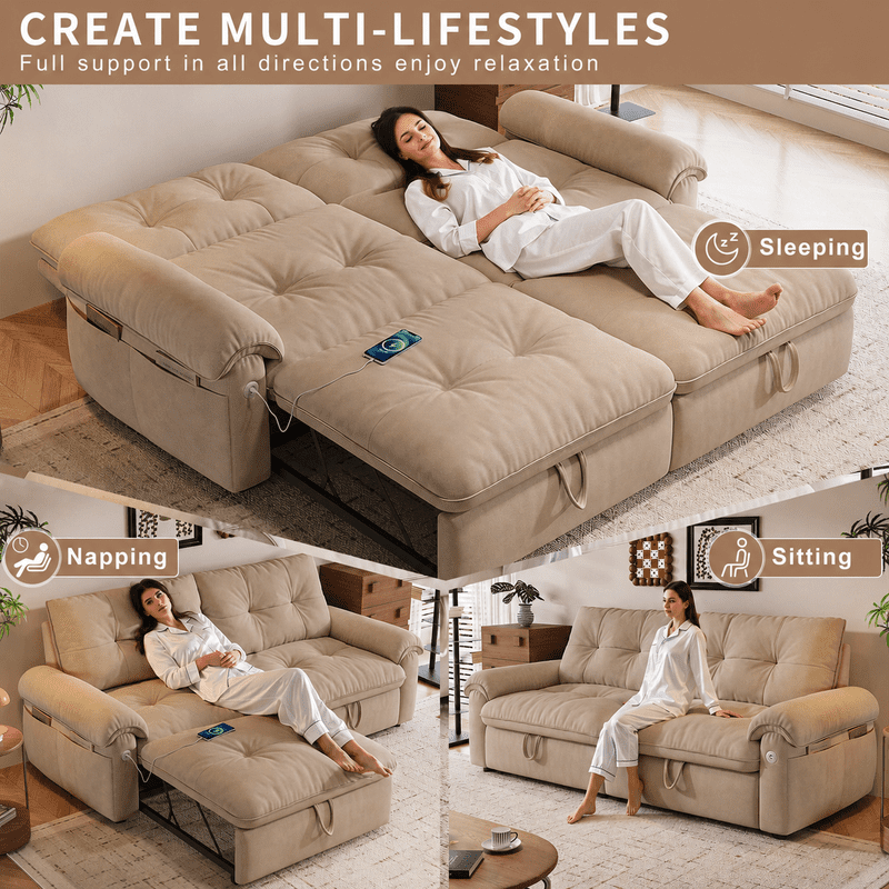 77.2" Convertible Sofa Bed, 2-in-1 Full Size Sleeper Sofa, Plush Upholstered Loveseat with USB Charging Ports & Side Pockets, Steel Frame Pull-Out Couch for Living Room, Bedroom, Apartment