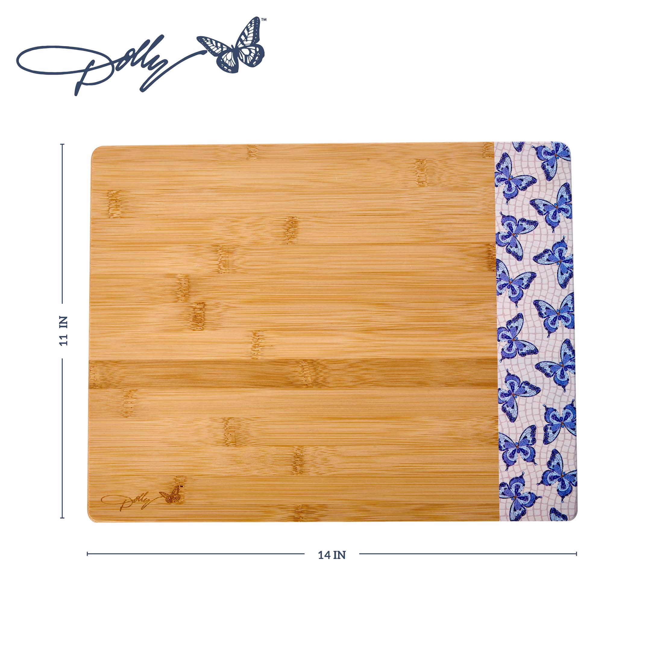 Dolly Parton Bamboo 11" x 14" Reversible Cutting Board with Blue Butterfly Print