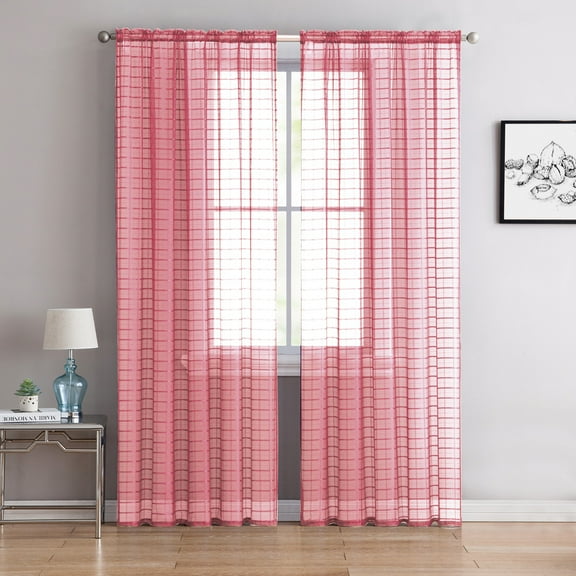 Lisa Plaid Box Sheer Voile Rod Pocket Panel, Bright Rose, 55x90 Inches