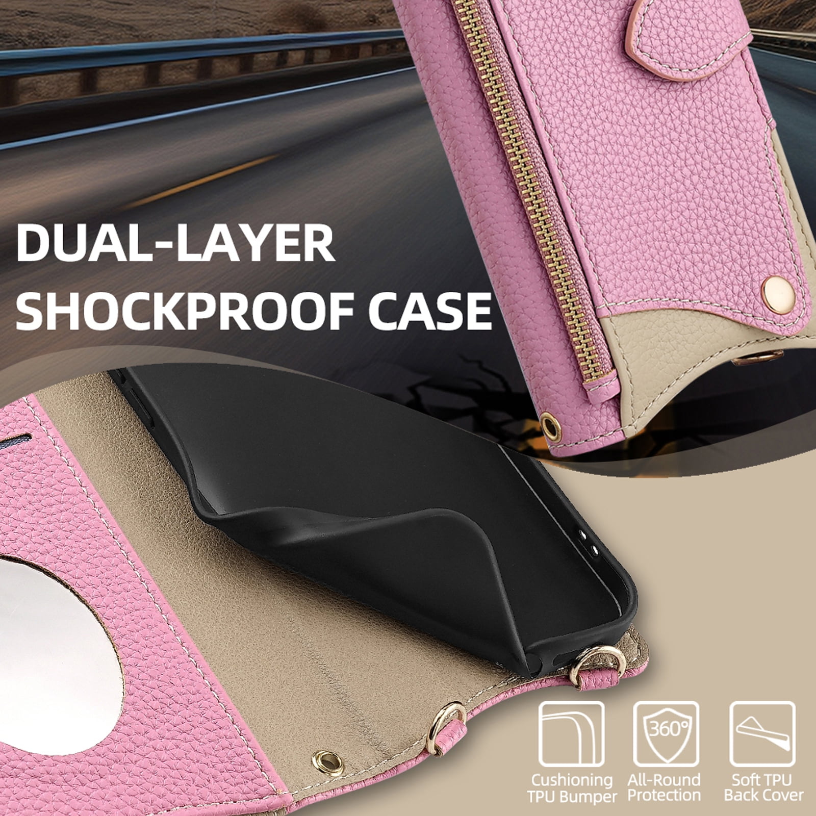 Women Girls Crossbody Strap Flip Wallet Zipper Phone Case Cover for iPhone 17 Pro Max, with Card Holder Kickstand Soft PU Leather Shoulder Chain Make-up Mirror for iPhone 17 Pro Max, Pink