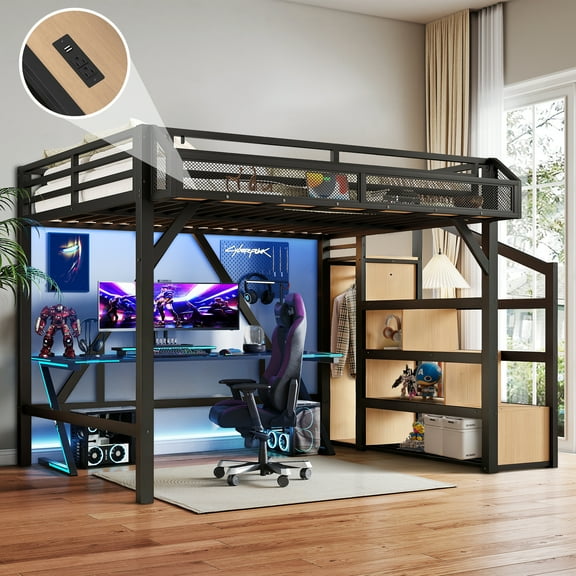 Aukfa Full Metal Loft Bed with Storage Stairs, Shelves, Wardrobe, USB Ports & LED Lights, Heavy-Duty Bed Frame for Teens, Kids & Adults, Black