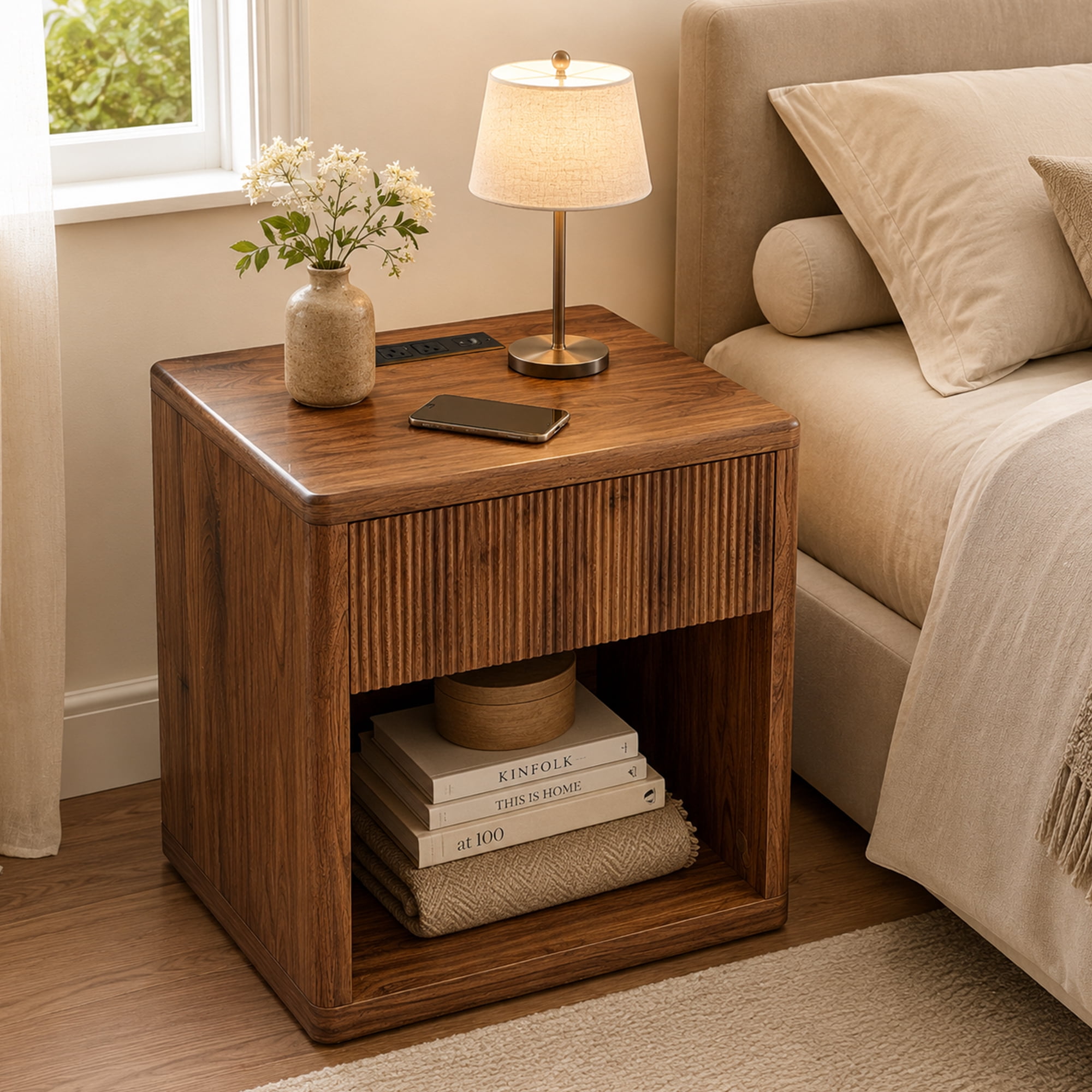 HOQBN Nightstand with 1 Drawer Storage Fluted Bed Side Table End Table Large Modern Wide Bedside Stand for Bedroom Living Room,Walnut
