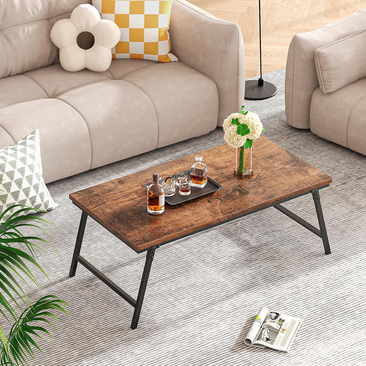 Flycity No Assembly Folding Coffee Table, Leg Latches Portable Sturdy Floor Table Desk for Sitting on the Floor, Low Coffee Table for Living Room, Home, Office, Rustic Brown, 41.34"x21.65"x15.75"