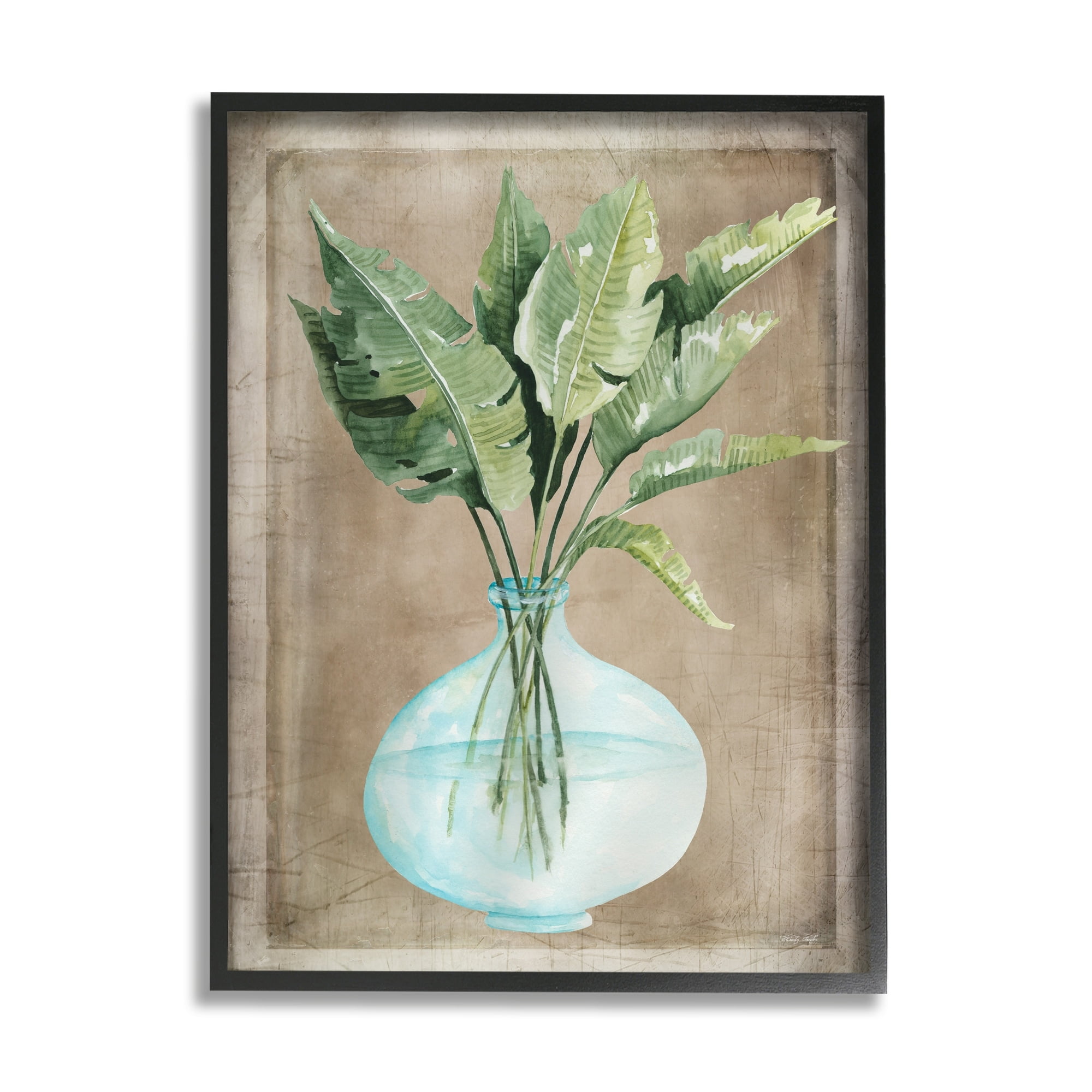 Stupell Industries Green Plant Leaves Glass Vase Rustic Border Painting Gray Framed Art Print Wall Art, Design by Cindy Jacobs