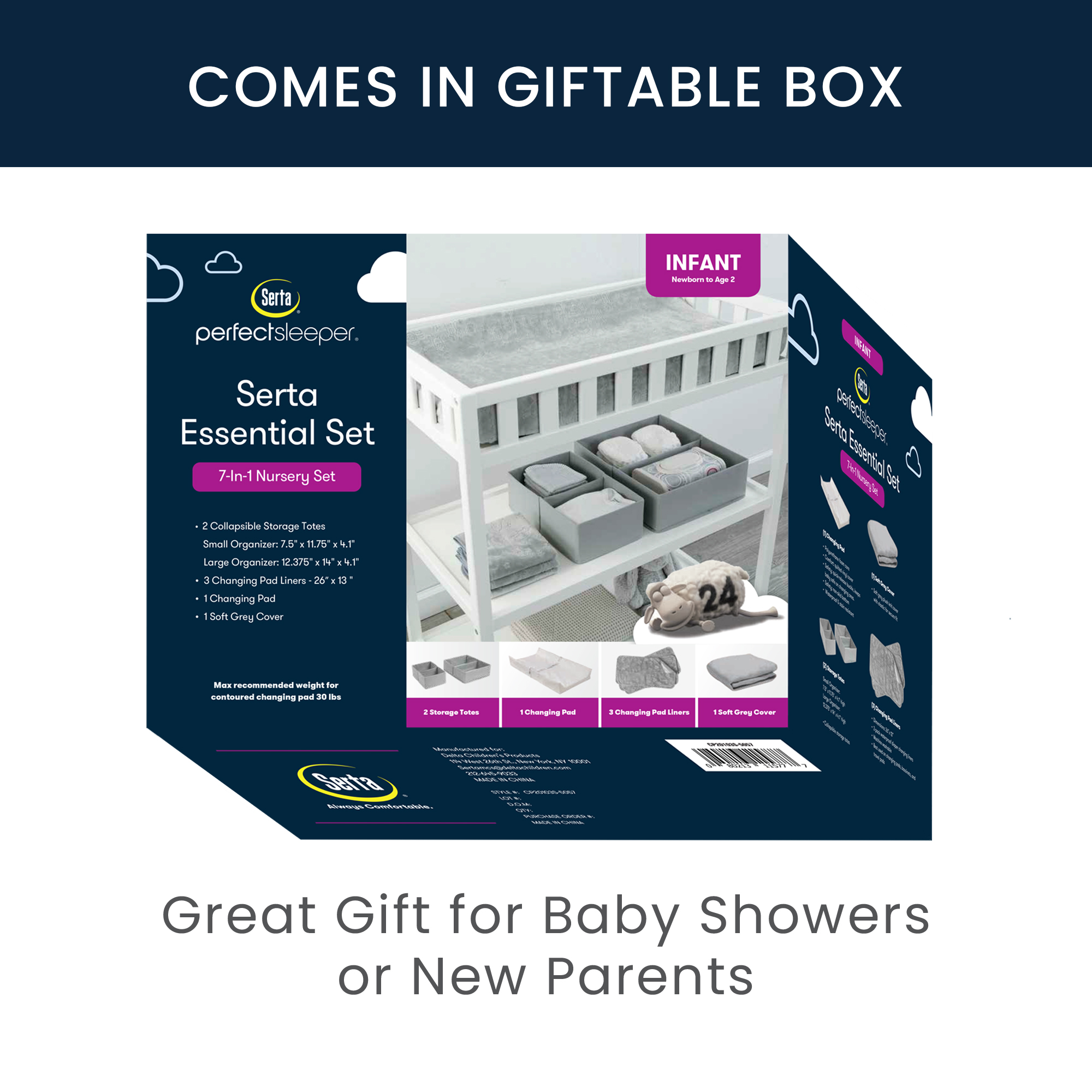 Serta 7-Piece Essential Changing Table Set - Newborn Baby Gift Set for Boys and Girls – Set Includes Changing Pad, Plush Changing Pad Cover, 3 Changing Pad Liners and 2 Storage Bins, Grey
