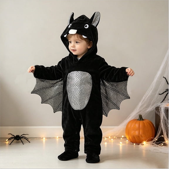 Vornjynx Kids Halloween Sweatshirt (3-4) Long Sleeve Hooded Jumpsuit Romper Bat Wing Cosplay Costume Soft Warm Black