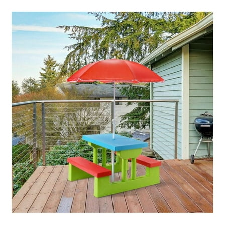 Kids Picnic Table and Bench Set with Umbrella, Folding Outdoor Play Table for Toddlers, Green PP Material, 4 Seats, 110lbs Capacity, Ideal for Meals, Games & Crafts