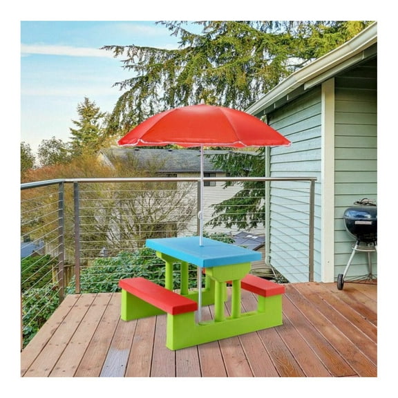 Kids Picnic Table and Bench Set with Umbrella, Folding Outdoor Play Table for Toddlers, Green PP Material, 4 Seats, 110lbs Capacity, Ideal for Meals, Games & Crafts