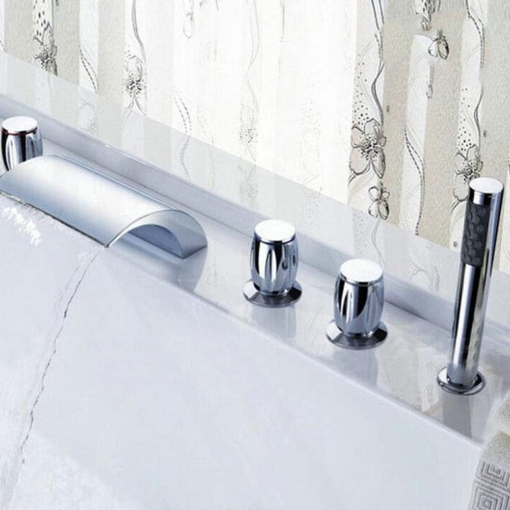 5-Hole Faucet Brass Hot Water and Cold Water Bathtub Faucet Pull-Out Shower Bathroom Faucet Chrome Plated