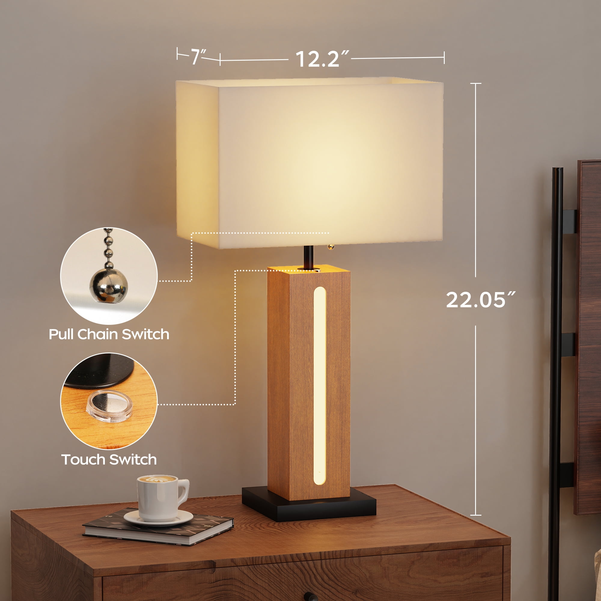 22" Rustic Wood Grain Bedside Lamps Set of 2, Modern Square Dimmable Table Lamp with Shades LED Bulbs for Living Room