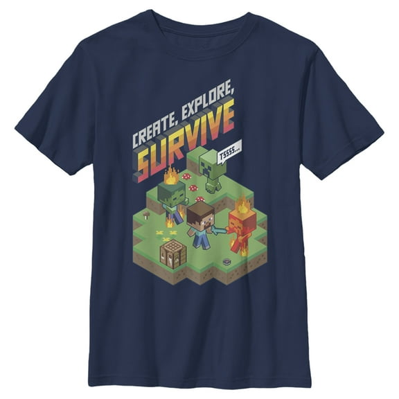 Boy's Minecraft Steve Create Explore Survive Graphic Tee Navy Blue Small